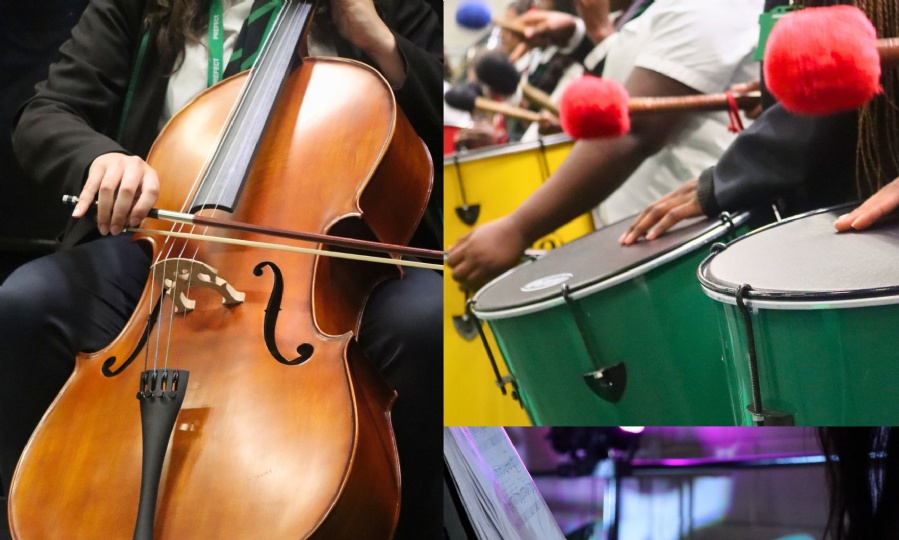music at WPSFG  students playing the cello, drums and keyboard